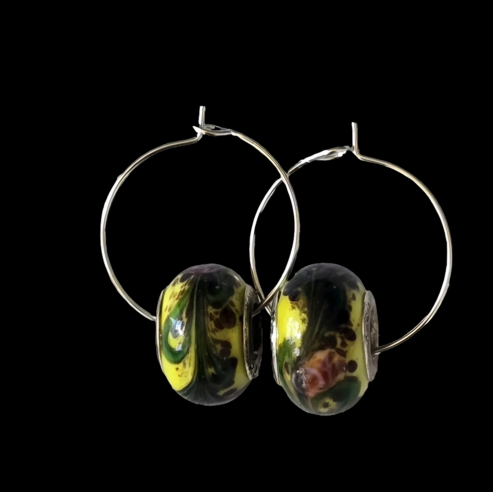 DESIGNER ORIGINAL SILVER HOOPS WITH REMOVEABLE IMPORT  MURANO CHARMS MIXN MATCH